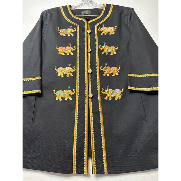 Bob Mackie wearable art black coat embroidered Elephants gold logo buttons large - Picture 12 of 16